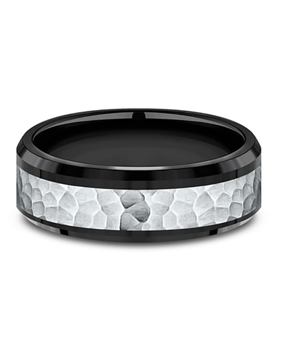 Gentlemen's Hammered Center Comfort Fit Band in Black Titanium and White Gold